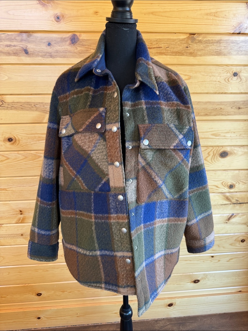 Blank NYC Plaid Utility Shacket in Blue, Olive & Brown